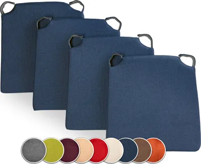 Four blue chair cushions are arranged in a staggered formation, with a row of color swatches at the bottom.