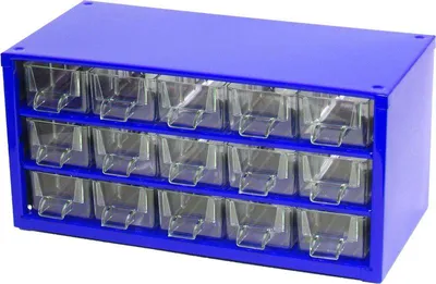 A blue metal parts organizer with 15 clear drawers.