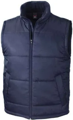 A navy blue puffer vest is shown front and center against a white background.