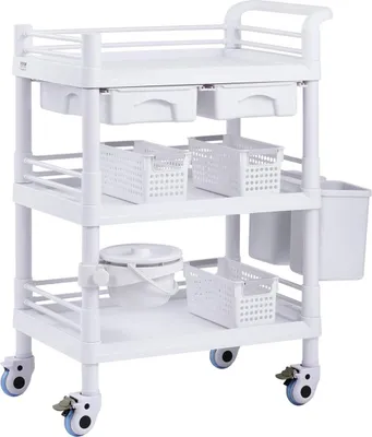 Zdjęcie produktu dla 3-poziomowy wózek laboratoryjny Mobilny wózek medyczny z 3 tacami i 3 koszami na śmieci Biały