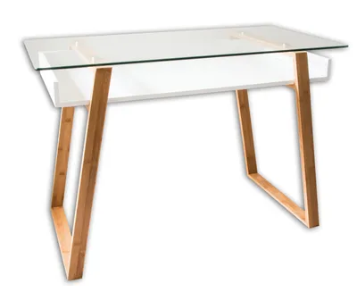 Produktbild von bonVIVO Designer Schreibtisch mit Glasplatte Glas-Tisch mit Holz-Ablagefach Weiß