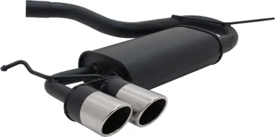 A black exhaust system with two silver tips, shown against a white background.