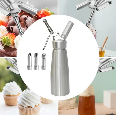 A collage of images showing a cream dispenser and its use in decorating desserts and drinks.