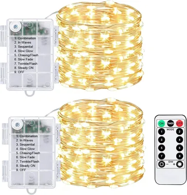 Obrázek produktu pro Mikro světelný řetěz na baterie, délka 5 metrů, 50 LED diod, s časovačem - sada 2 kusů - teplá bílá barva, stříbrný drát