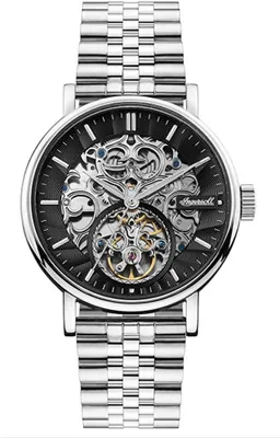 A close-up studio shot of a men's mechanical watch with a skeleton dial and a stainless steel bracelet.