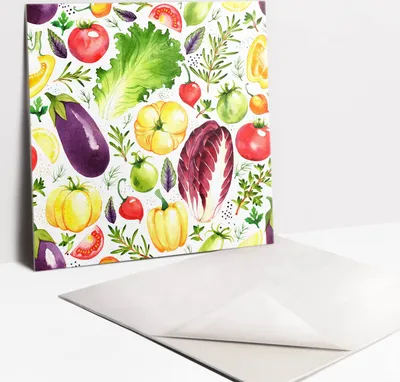 Produktbild von Fliesenaufkleber Set - 9 Stück Selbstklebende PVC Fliesen-Designs - Für Bad und Küche 30 x 30 - Buntes Gemüse