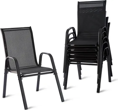 Immagine prodotto di Sedie da giardino Relaxdays, set da 6, schienale alto, braccioli, impilabili, fino a 150 kg, poliestere, metallo, sedia impilabile, antracite