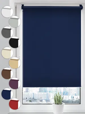 A dark blue roller blind is shown in a window, with a selection of other color swatches on the left side of the image. A potted plant is visible on the windowsill below the blind.