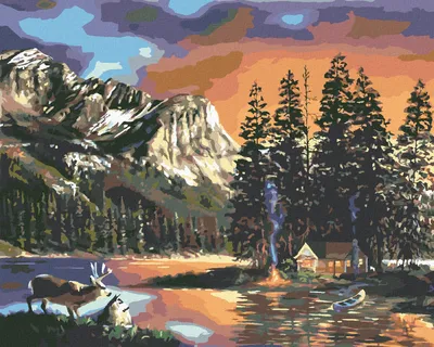 Produktbild von Zuty - Malen nach Zahlen - HÜTTE, SEE, HIRSCH UND BERGE (D. RUSTY RUST), 40x50 cm, ohne Keilrahmen