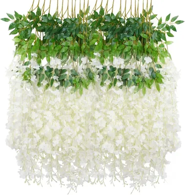 Produktbild von MODFU 12Pack künstliche Glyzinien Blumen, Girlande Pflanze gefälschte hängende Blumen Rebe, für Hochzeitsgarten Home Party Nachbildung Weiß