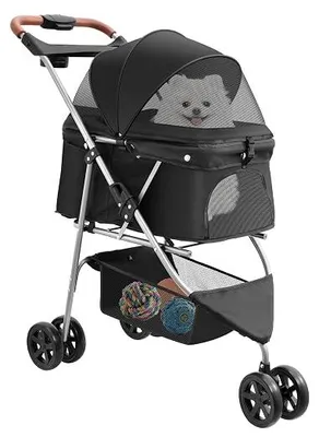 Imagen del producto de Carrito para perros, tipo buggy, hasta 15 kg. Carrito plegable para perros con cesta de almacenamiento, ventanas de malla, rueda delantera giratoria de 360°, frenos en las ruedas traseras. Carrito para perros y gatos, ideal para perros pequeños y medianos