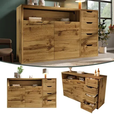 Immagine prodotto di Comò 150x40x90 cm, mobile contenitore in stile legno di quercia, mobile contenitore con 2 ante e 4 cassetti, vano aperto e ripiani interni regolabili in altezza