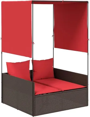 Produktbild von Doppelte Sonnenliege mit Dach und Vorhängen, Braun Polyrattan Gartenliege mit roten Kissen, Doppel-Sonneninsel für Garten, Terrasse und Outdoor, 118 x 110 x 187 cm