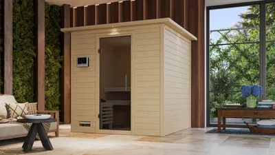Produktbild von Karibu Sauna Innensauna Mojave Fronteinstieg Ofen 9 KW externe Strg easy 196x195x200 cm ohne Dachkranz mit Graphittür