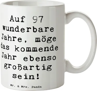 Produktbild von Mr. & Mrs. Panda kakaobecher Spruch 97. Geburtstag - Weiß - Geschenk, Tasse mit, Handarbeit, lebensreise feiern, Kaffeebecher, Becher, Happy Birthday, besondere Geschenke