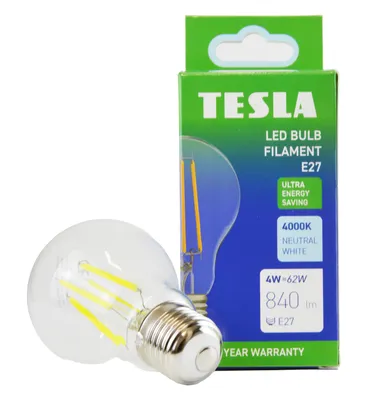 Obrázek produktu pro Tesla - LED žárovka FILAMENT A class, E27, 4W, 840lm, 4000K denní bílá, 360st, čirá, 230V, 25 000h