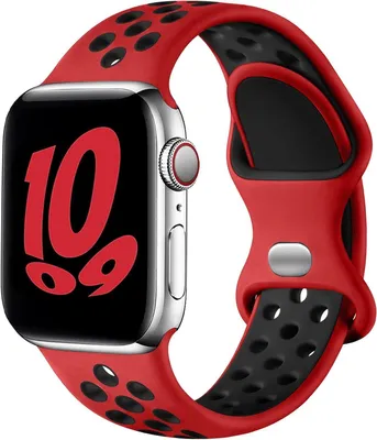 Produktbild von Apple Watch Armband 42mm (1,2,3 Gen), 44mm 45mm 46mm 49mm Silikon Doppelloch Band für iWatch 1 2 3 4 5 6 7 8 9 10 SE Ultra Ultra2,Rot-Schwarz