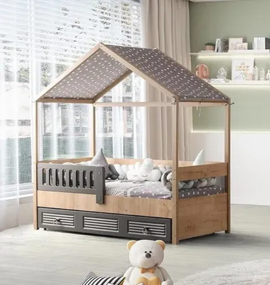 Produktbild von Bettrahmen Kinderbett 200 cm HolzBett Kinderzimmer Bettgestelle Grau