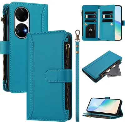 Produktbild von Handyhülle für Huawei P50 Pro Reißverschluss Geldbörse Kunstleder Klapphülle mit Kartensteckplatz, Ständer, Handschlaufe Blau