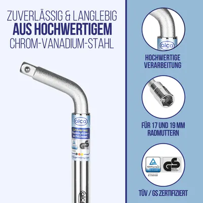 Produktbild von alca® Radmutterschlüssel Universal 17/19mm ausziehbar 35 - 53 cm mit rutschfestem Kunststoffgriff 1/2 Zoll Vierkant Aufnahme inklusive 19er Nuss