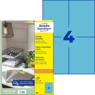 Produktbild von Avery Zweckform 3457, Farbige Etiketten, A4, 105 x 148 mm, 400 Etiketten / 100 Bögen, blau