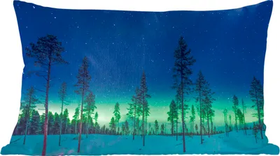 Produktbild von MuchoWow® Zierkissen Sofakissen Wohnzimmer Dekokissen 50x30 cm Nordlicht - Schnee - Bäume - Natur - Grün - Wohnzimmerdekoration - Polster mit Photo