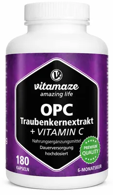 Produktbild von Vitamaze OPC TRAUBENKERNEXTRAKT hochdosiert+Vitamin C Kaps. 180St PZN 12580586