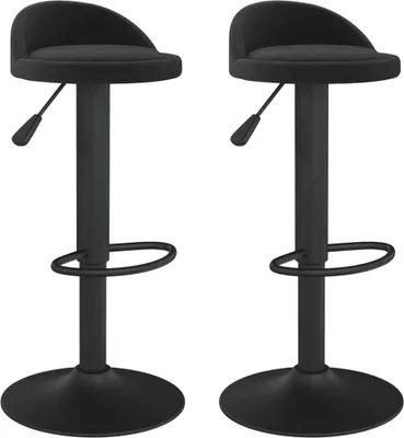 Two black bar stools are shown against a white background.