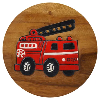 Produktbild von Tokoindah Kinderhocker Feuerwehr – Schemel aus Massivholz, in Handarbeit gefertigt & bemalt, runder Sitzhocker fürs Kinderzimmer