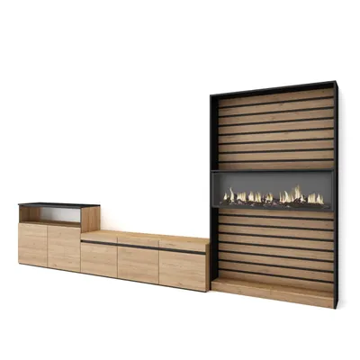 Produktbild von Wohnwand Wohnzimmer, 360x35x186cm, Für TV-Geräte bis zu 65", Elektrokamin XXL, Eiche und Schwarz