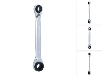 A collage of images showing a double ratcheting wrench from different angles.