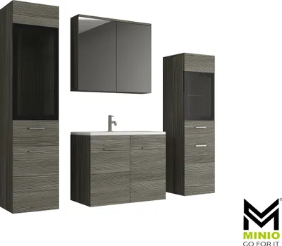 A set of bathroom furniture including a vanity, a medicine cabinet, and two tall cabinets, displayed against a white background.