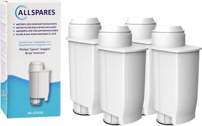 A box of AllSpares water filters for coffee machines is shown next to four individual filters.