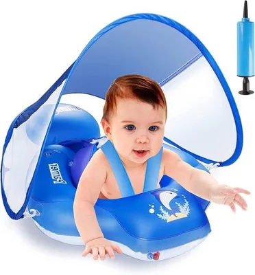 Produktbild von Ibenzoa® Baby-Schwimmring mit UPF50+ Sonnendach, verstellbarem Sicherheits-Sitz, Anti‑Rutsch‑Bodensitz, inkl. Handpumpe – Blau, 3–36 Monate, PVC, ASTM/CPC/CE