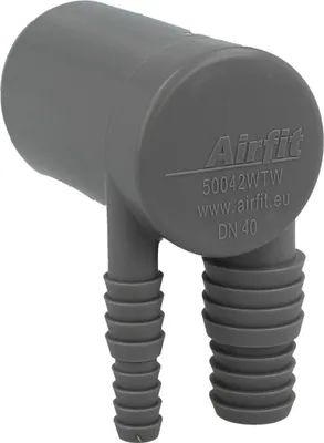 A gray plastic plumbing fitting with ribbed hose connectors.