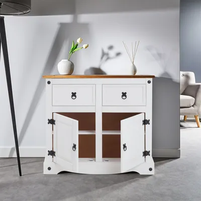 Produktbild von Kommode CAMPO Sideboard Buffetschrank Geschirrschrank Kiefer massiv mit 2 Schubladen und 2 Türen, braun/weiß