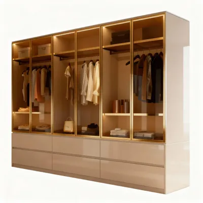 Produktbild von Kleiderschrank Luxemburg 6-Türig Glastüren mit goldfarbenen Glasrahmen (Spar-Set) Breite: 300 cm, Tiefe: 62 cm, Höhe: 218 cm, inkl. Zubehör