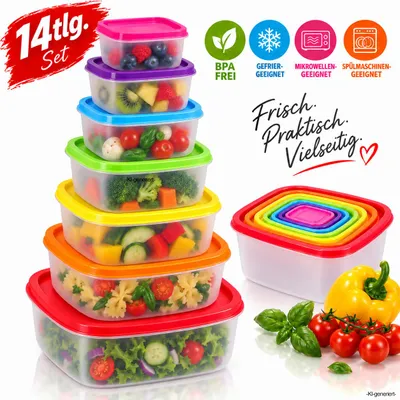 Produktbild von Frischhaltedosen Set 14-teilig mit Deckel, BPA-frei, 7 Größen 200–5600 ml, Mikrowelle, Gefrierschrank & Spülmaschine
