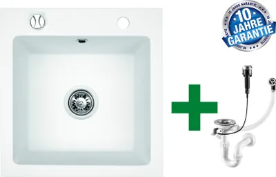 Produktbild von [Granitspüle 48x50 verschiedenen Farben]Hochwertig beidseitig Montierbar Küchenspüle Eckig Einbaugranitspüle Granit Spülbecken f. Unterschränke ab 45 cm inkl.Siphon Set, Farben:Weiß