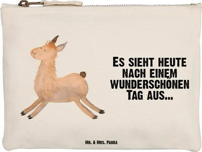 Produktbild von Mr. & Mrs. Panda Mäppchen Lama Springen Größe M - Weiß - Geschenk, Kulturbeutel, Kulturtasche, Start, Guten Morgen, Freundin, kosmetiktäschchen, Glück, Kosmetiktasche