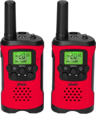 Two red and black walkie-talkies are shown side-by-side against a white background.