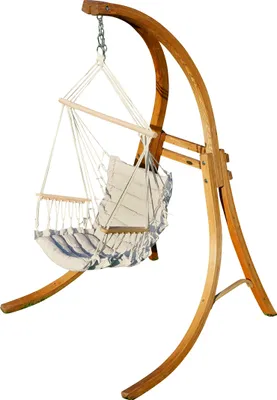 Produktbild von ALEOS. DESIGN Hängesessel Hängestuhl mit Gestell aus Holz Lärche CAT-MALY-BEIGE Holzgestell Hängesesselgestell komplett mit Stoffsessel angenehmer Sitzkomfort im 6cm dicken Kissen