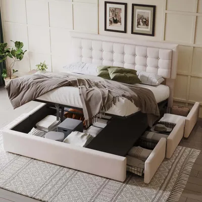 Immagine prodotto di Letto imbottito AIORBER, 160 x 200 cm, con contenitore idraulico e 3 cassetti, rete a doghe, letto matrimoniale, tessuto di lino, ampio contenitore, beige