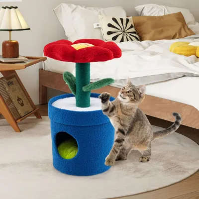 Produktbild von COSTWAY Kratzbaum Klein, 72cm hoch, Katzenbaum mit Katzenhöhle, Blumen-Plattform, Kratzstamm & Blättern, Katzenkratzbaum Katzen Katzenmöbel Blau+Rot
