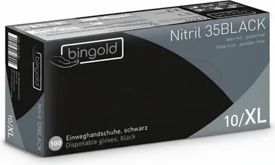 Professionelle Produktansicht der Bingold Nitril 35BLACK Spenderbox. Die schwarz-graue Verpackung der puderfreien Einweghandschuhe zeigt deutlich die Größe 10/XL.