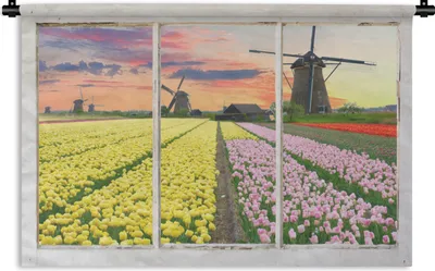 Produktbild von MuchoWow® Wandteppich Wandbehang Ansicht - Tulpen - Mühle 90x60 cm Tapisserie Dekoration Wandtuch - Wandskulpturen - Bildteppich