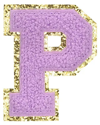 Aufbügelpatch Buchstabe P, 5,6 cm, Chenille, lila, mit Goldrand, 1 Stück