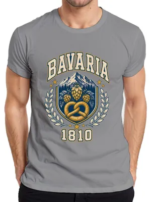Zdjęcie produktu dla Bawaria, 1810, , bawarska tradycja, precel, chmiel, góry, tradycyjne spodnie skórzane, męska koszulka, szara, rozmiar XXL