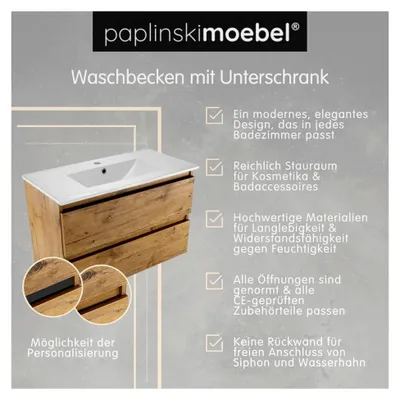 Produktbild von Soria Waschbecken mit Unterschrank 80 cm, Waschtisch mit Unterschrank, Hängender Waschbeckenunterschrank mit Schubladen, Holz - Lancelot Eiche