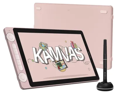 A pink graphic tablet and stylus are displayed on a white background. The tablet screen shows the word "KAMNAS" in large, stylized letters with colorful graphics.